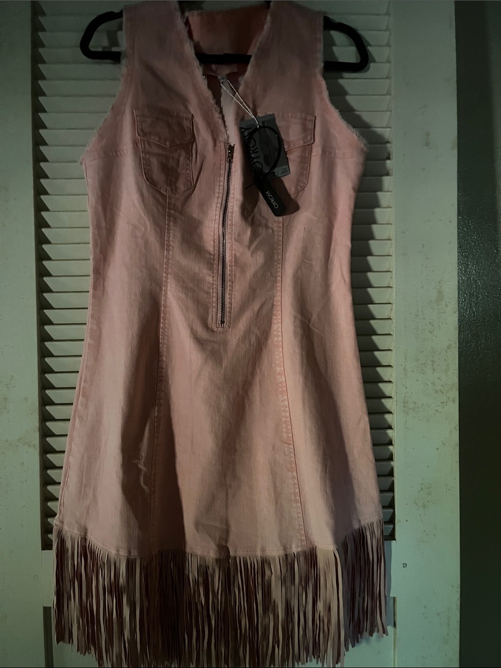 Western Fringe Bottom Frayed Denim Pink Dress Size XL  Front Zip Sleeveless